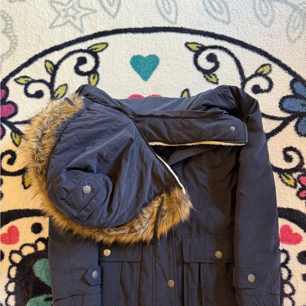 🧥 DKNY Navy Quilted Lined Parka Jacket - Medium - Detachable Faux Fur Hood - Picture 7 of 16